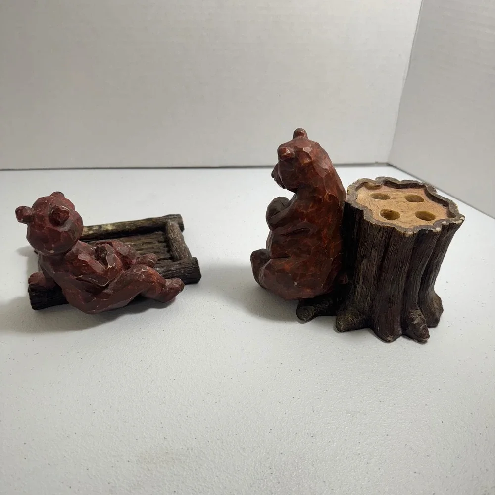 VTG Rustic wooden Bear Bathroom ART Toothbrush Soap holders Bear Tree Carved set